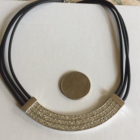 925 multi strand black leather curved bar CZ collar necklace - Picture 5 of 5